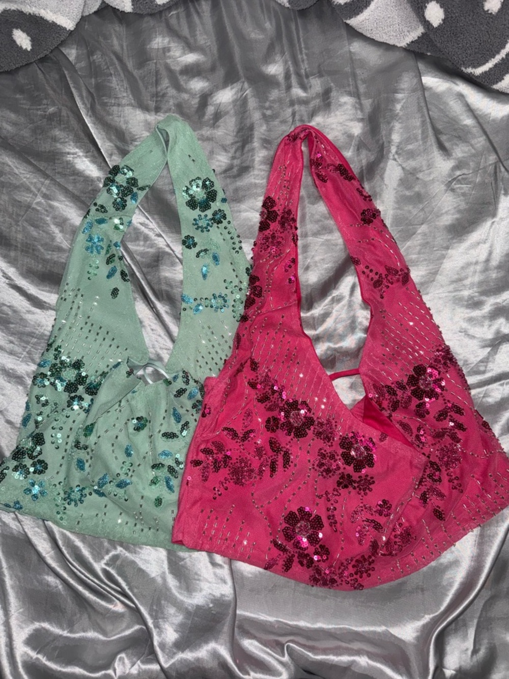 Sequin Halter Crop Tops - Mint & Hot Pink